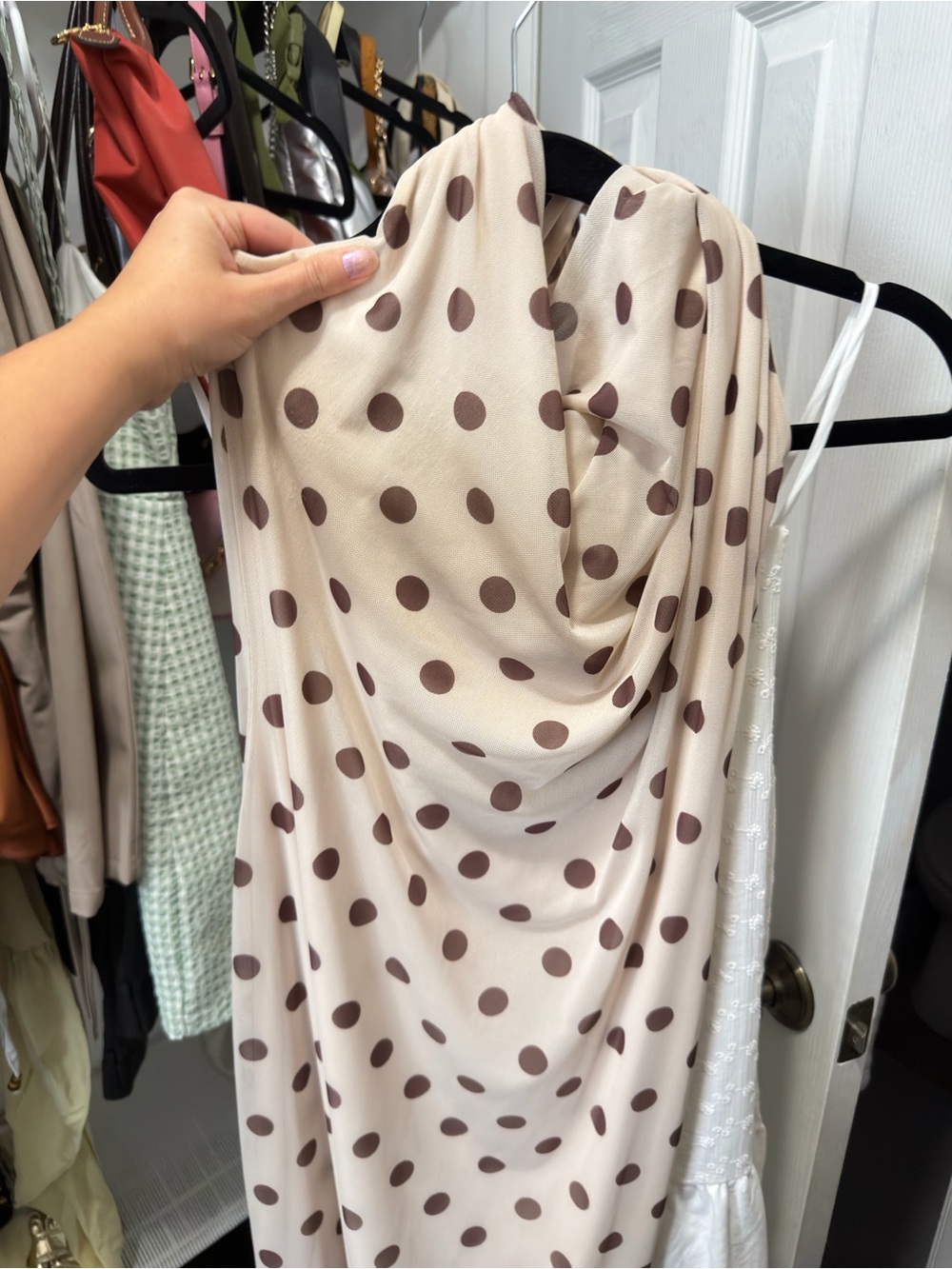 Marshalls Cream Polka Dot Draped Dress with Brown Spots